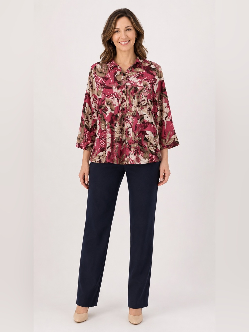 Christopher& Banks 3/4 Sleeve Button Up Shirt Pink Tan Floral Linen Blend Large